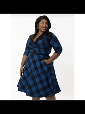 NEW Unique Vintage Blue Plaid Swing Dress with Belt